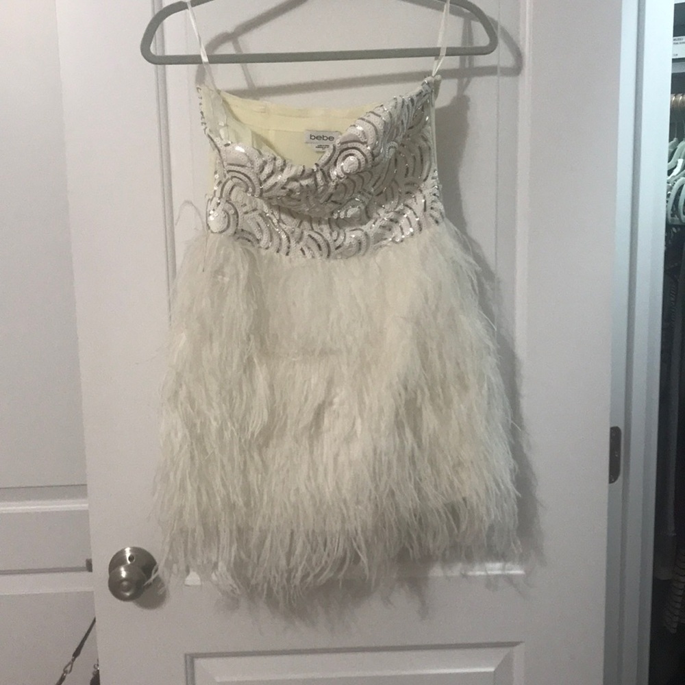 White BEBE Feather Sequin Dress